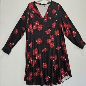 JustFab Long Sleeve Black Maroon Floral A Line Dress Size‎ XL